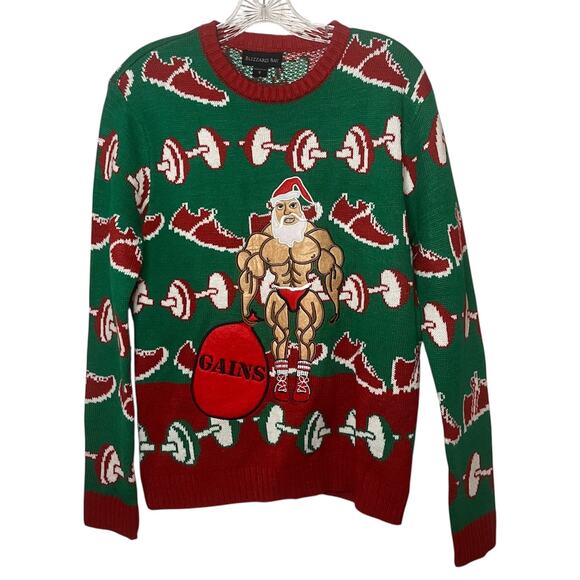 Blizzard Bay Muscle Santa "Gains" Ugly Christmas Sweater Weightlifting Gym Sz S - Picture 2 of 7